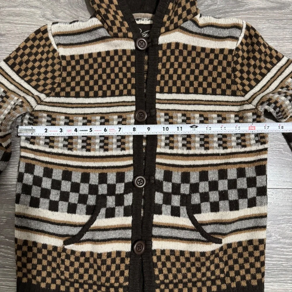 Vans Rare Retro Hooded Cardigan Sweater Brown Checkerboard Geometric Knit Size M